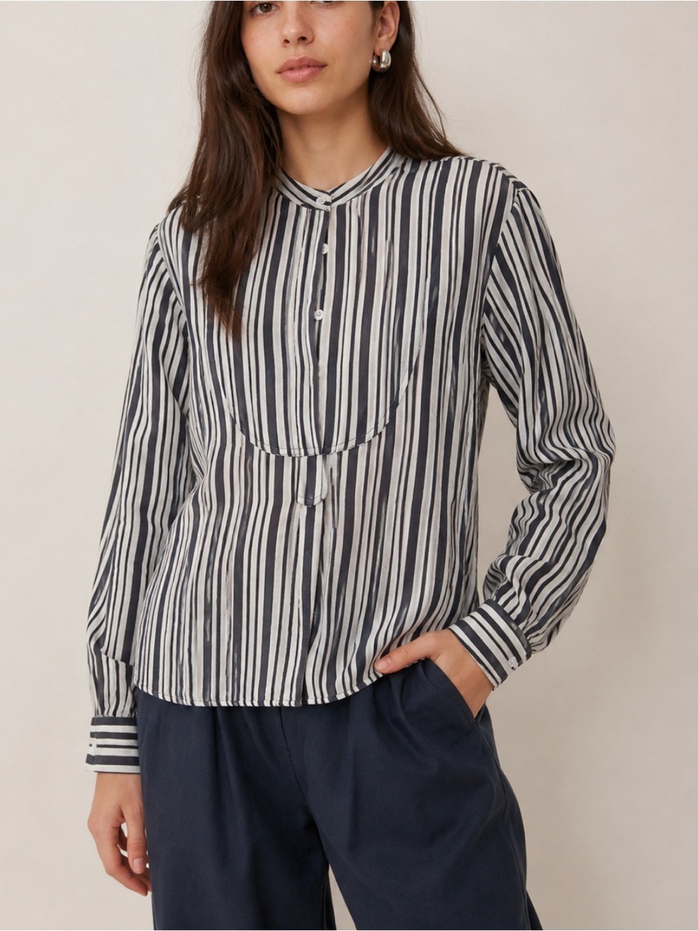 Apiece Apart Silk Linen Luxury Striped Nautical Crewneck Button Flowy Blouse